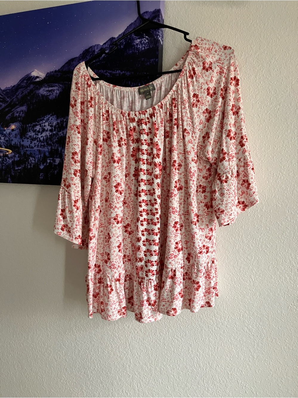 Style & Co. White Tunic with Red/Pink Floral Print